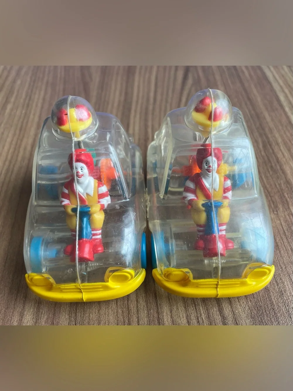 Vintage 1996 McDonald's Ronald McDonald Clear See-Thru Gear Cars Lot of 2